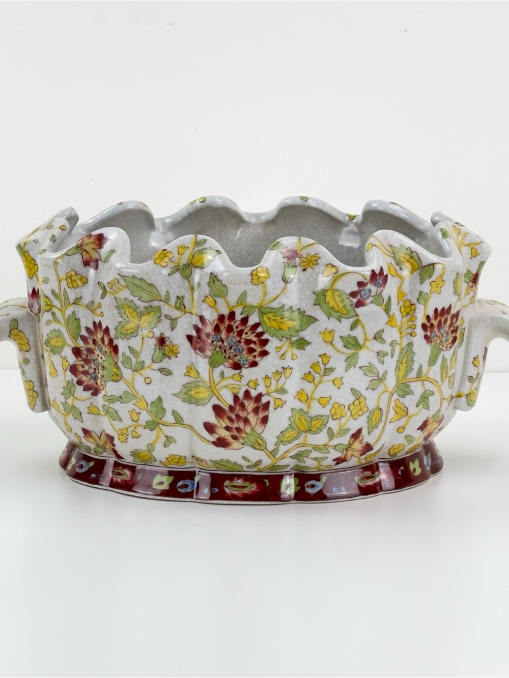 Vintage Asian Styled Scalloped Edge Planter Floral Ceramic Cachepot